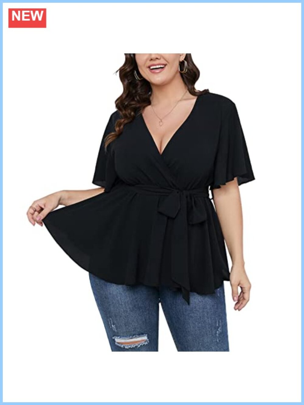 Women's Plus Size Wrap V-Neck Peplum Blouse Short Sleeve Ruffle Top